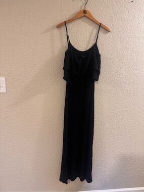 Black Spaghetti Strap Maxi Dress with Ruffle Overlay